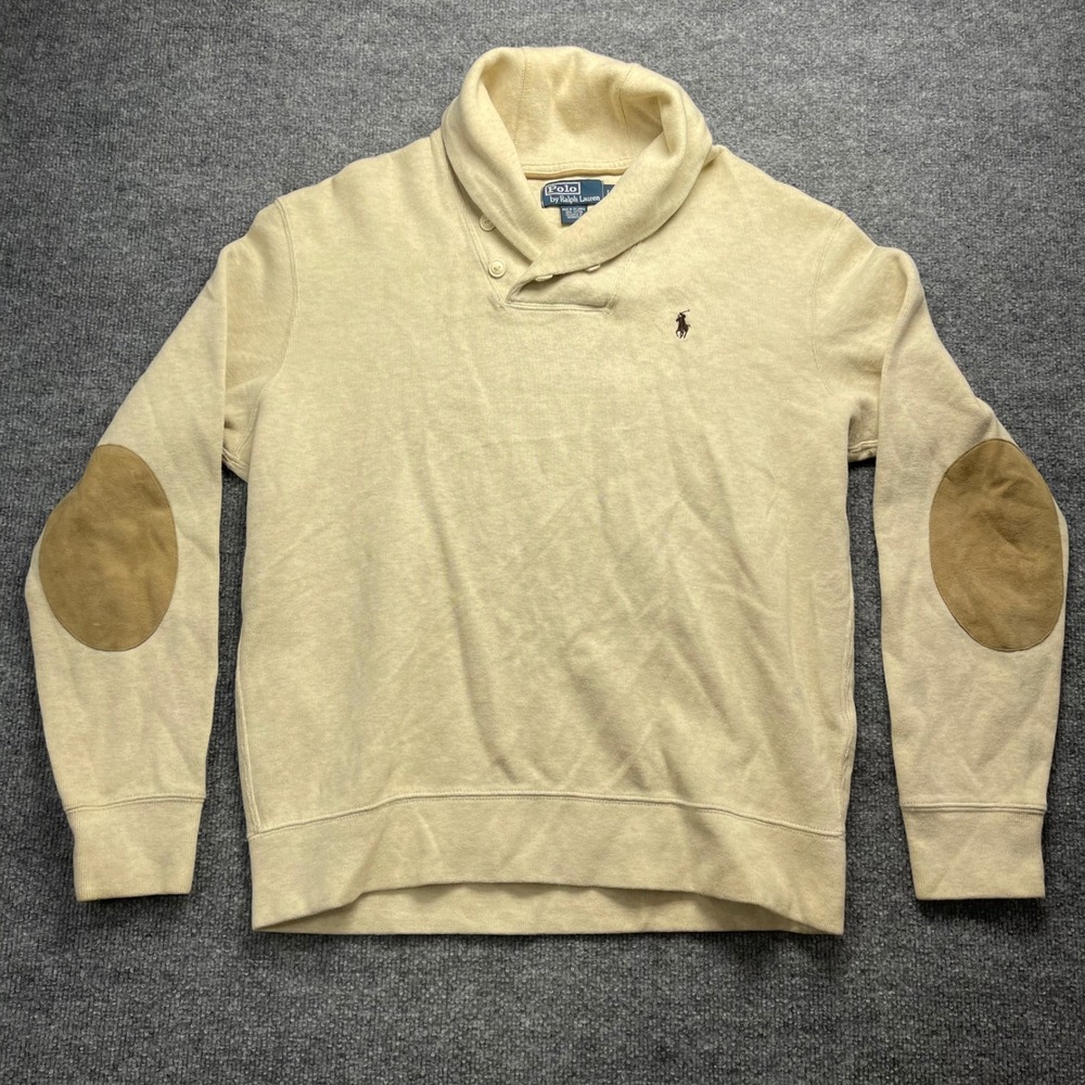 Polo Ralph Lauren Mens Shawl Collar Sweatshirt Cream Cotton Elbow Patches L
